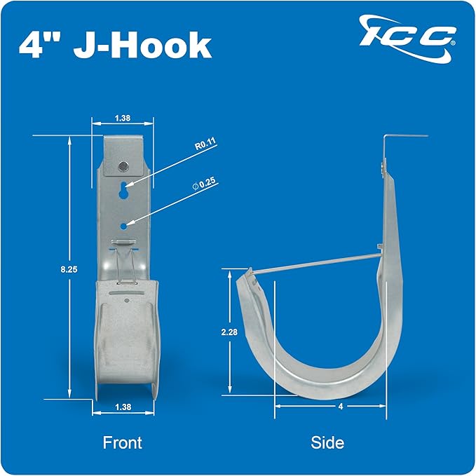 ICC Ceiling Mount J Hook 4” with Retainer Clip - Galvanized Steel Cable Management Hooks for Hanging Cable - Rust-Resistant, EIA and TIA Compliant - 4 Inch 25 Pack