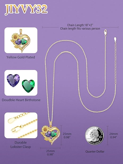 Sunflower Heart Necklace for Women 14K Gold Exquisite Valentines Day Anniversary Birthday Gifts for Wife Mother Her Double Birthstone Pendant Jewelry‘You Are My Sunshine’