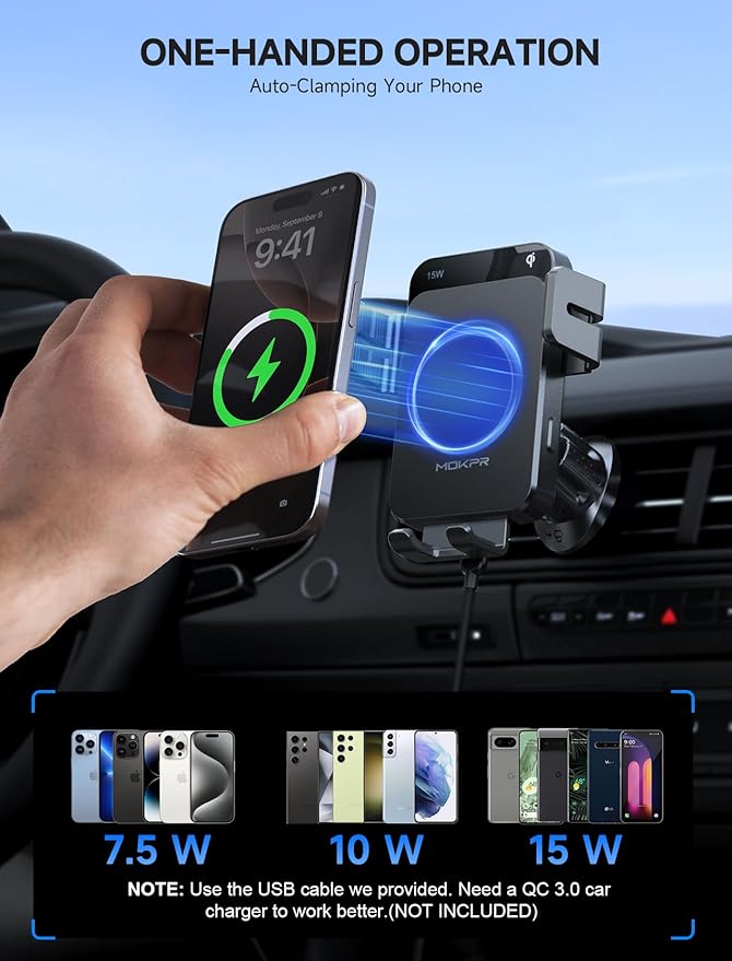 MOKPR Wireless Car Charger, 15W Auto Clamping Car Charger Dash Windshield Air Vent Phone Holder Compatible with iPhone 16 15 14/13/13 Pro/12 pro/12/11/X/8, Samsung S24/S23/S22