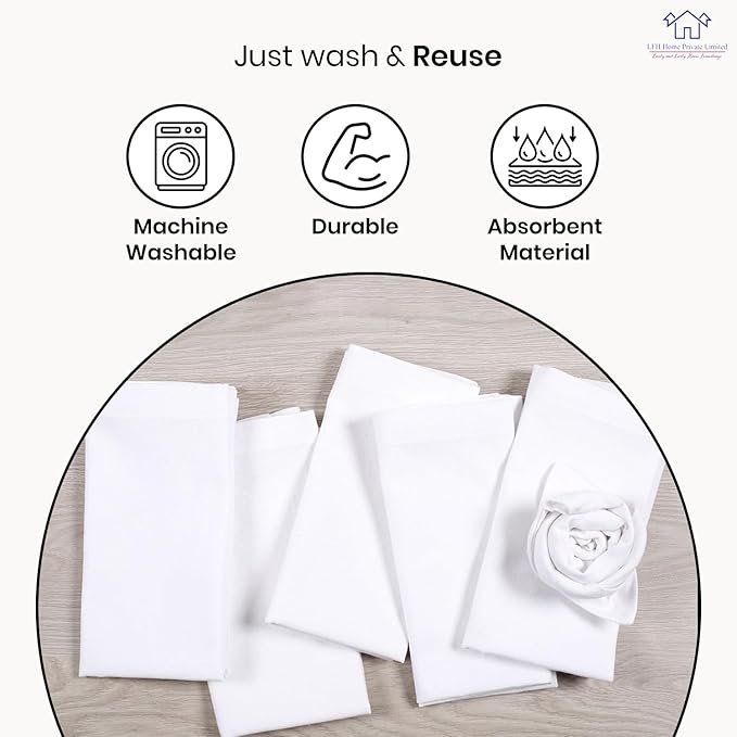LFH Home Cotton Rich Metered Napkins for Dining Table Set of 12, Elegant Cloth Napkins for Wedding Party or Everyday Use Machine Washable Durable Reusable and Soft for Hosting 18x18 Inch - White