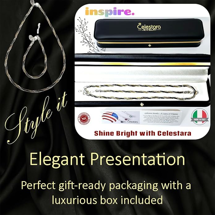 925 Sterling Silver Chain, Italian-Made Jewelry Set with Gold Tone Accent (Luxurious Leather Gift Box Included)