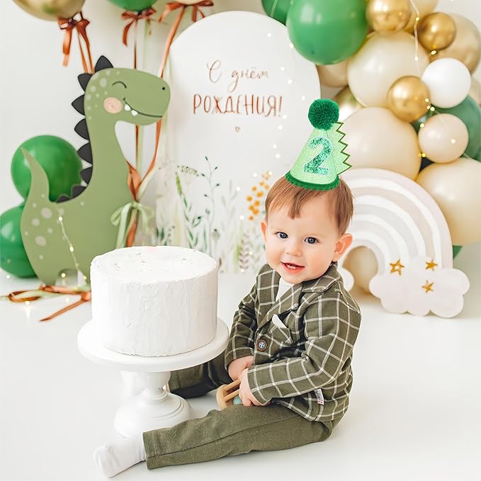 Green Glitter Dinosaur Birthday Cone Hat for 1-5 Years Old Kids Boys Dino Dinousour Birthday Hat Party Decoration