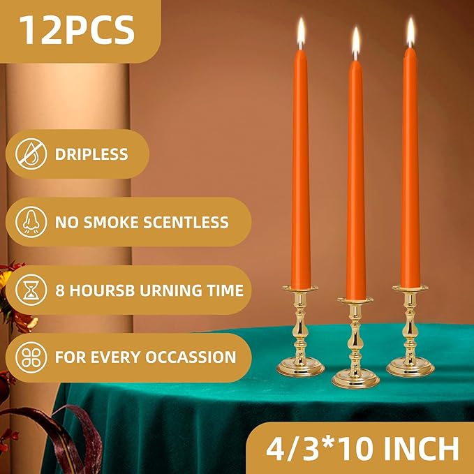 12 Pack Orange Taper Candles - Taper Candles 10 Inch Dripless, Smokeless & Unscented - 8 Hours Long Burning - Ideal for Weddings, Dinner Parties, and Home Decor