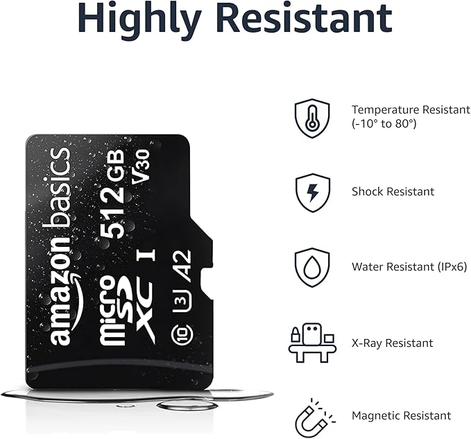 Amazon Basics Micro SDXC Memory Card with Full Size Adapter, A2, U3, Read Speed up to 100 MB/s, 512 GB, Black