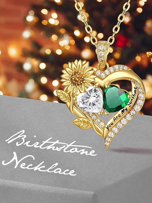 Sunflower Heart Necklace for Women 14K Gold Exquisite Valentines Day Anniversary Birthday Gifts for Wife Mother Her Double Birthstone Pendant Jewelry‘You Are My Sunshine’