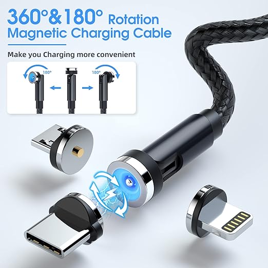 Magnetic Charging Cable, 540° Rotating Magnetic Phone Charger [6-Pack, 3ft/3ft/3ft/6ft/6ft/10ft] 3 in 1 Magnetic Charger Cable Nylon Braided Magnetic USB Cable for iProduct/Micro USB/Type C Device