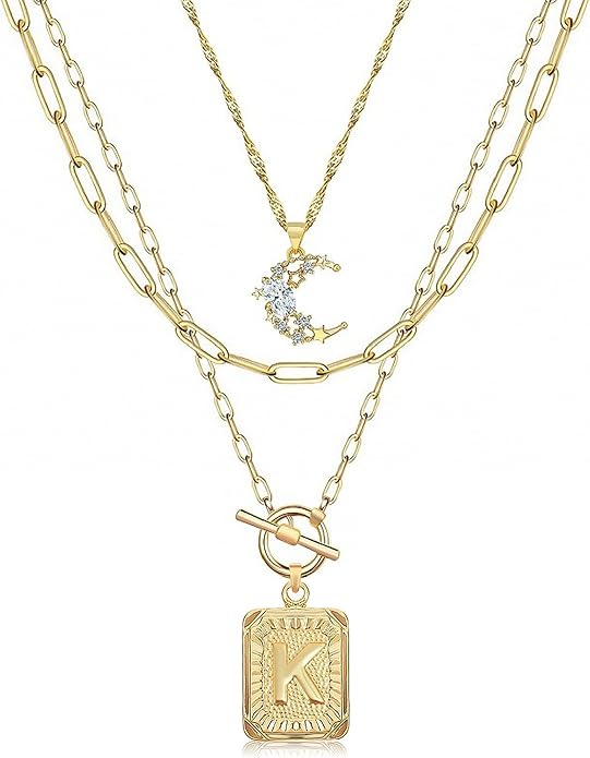MJartoria Layered Initial Necklaces for Women Trendy, 14K Gold Plated Brass Simple Moon Choker Square Letter Pendant Necklace, Paperclip Chain Necklaces Jewelry Gifts