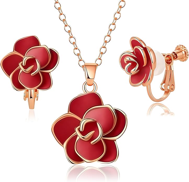 Dainty Rose Flower Pendant Necklace Clip On Earrings Set for Women 14K Gold Plated Hypoallergenic Jewelry Sets