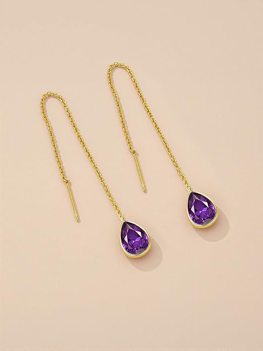 Long Dainty 18K gold plated Threader Chain (Green, Purple) Emerald Purple Dangle Earrings for Women by SNGIA, Minimalist Fashion Statement Trendy Thin Drop Jewelry Gifts