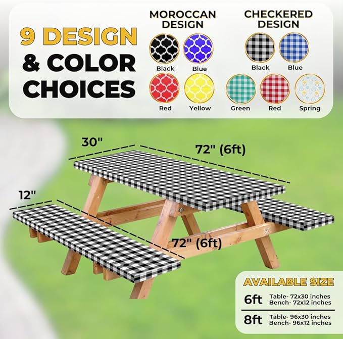 RNOONY Vinyl Fitted Picnic Table Cover with Bench Covers and Bag, 6ft Outdoor Waterproof Windproof Tablecloth with Elastic Edges. Camping RV Gear Campers Must Have 72x30 Inches 4 Pcs Set (Black)