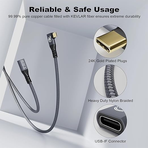 CABLEDECONN USB C 3.2 Gen-2 Extension 1M 3.3FT 90 Degree ElbowThunderbolt 3 240W Fast Charging Cable Male to Female Data Transfer 20Gbps 48V/5A 4K Video Cable Compatible with MacBook