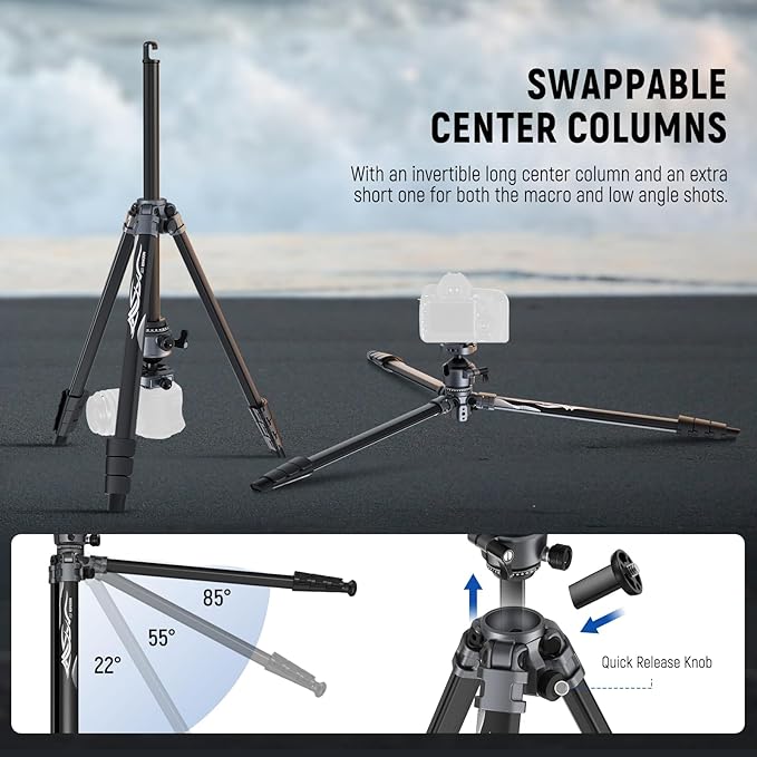 NEEWER LITETRIP LT07 61" Aluminum Travel Camera Tripod, Portable Stand with Ball Head Dual Axis Cell Phone Holder Arca QR Plate Compatible with iPhone Peak Design V3 for Video Recording, Max Load 22lb