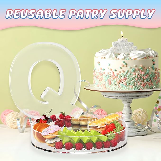 13.8" Extra Large Acrylic Letter Charcuterie Board Box, Reusable Fillable Letter Cake Candy Dish Display Serving Tray for Birthday Anniversary Party Decoration (Q)
