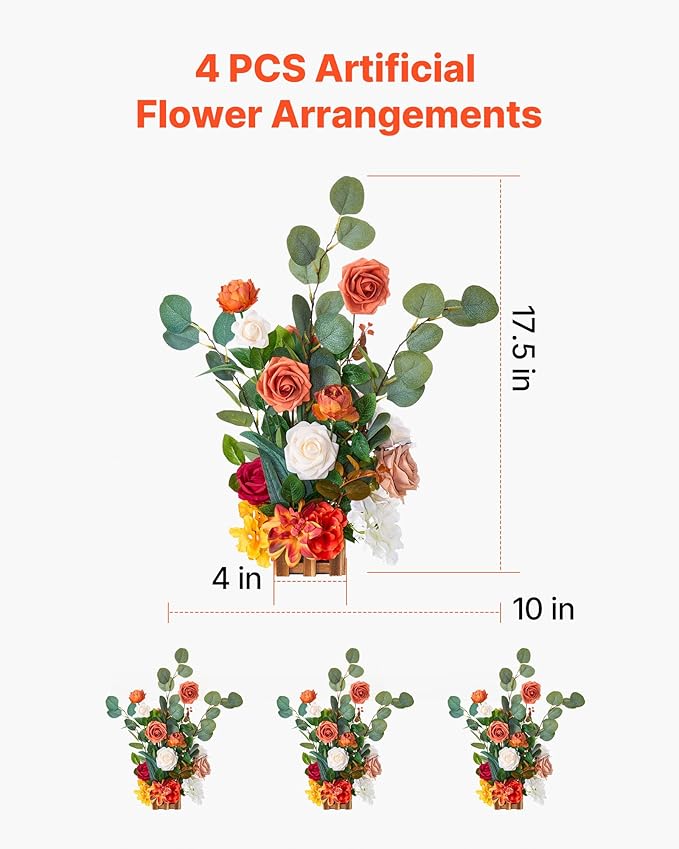 VEVOR Standing Artificial Flowers Arrangements 4 PCS, 17.5-Inch Tall Faux Flower Decorations for Wedding Aisle Runner Chair, Orange Floral Centerpieces for Ceremony Reception Party Outdoor Decor