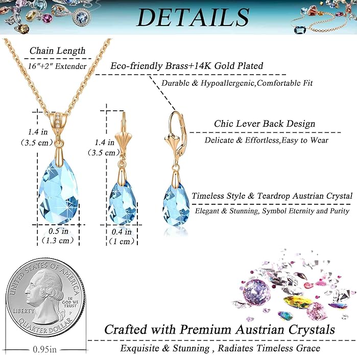 EVEVIC Austrian Crystals Teardrop Pendant Necklace Earrings for Women 14K Gold Plated Hypoallergenic Leverback Drop Dangle Earrings Jewelry Set