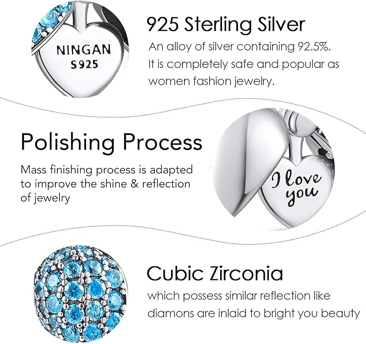 NINGAN “I Love You” Dangle Charm Love Heart Pendant Bead for Women Wife Girlfriend with 5A Cubic Zirconia for Charm Bracelets 925 Sterling Silver