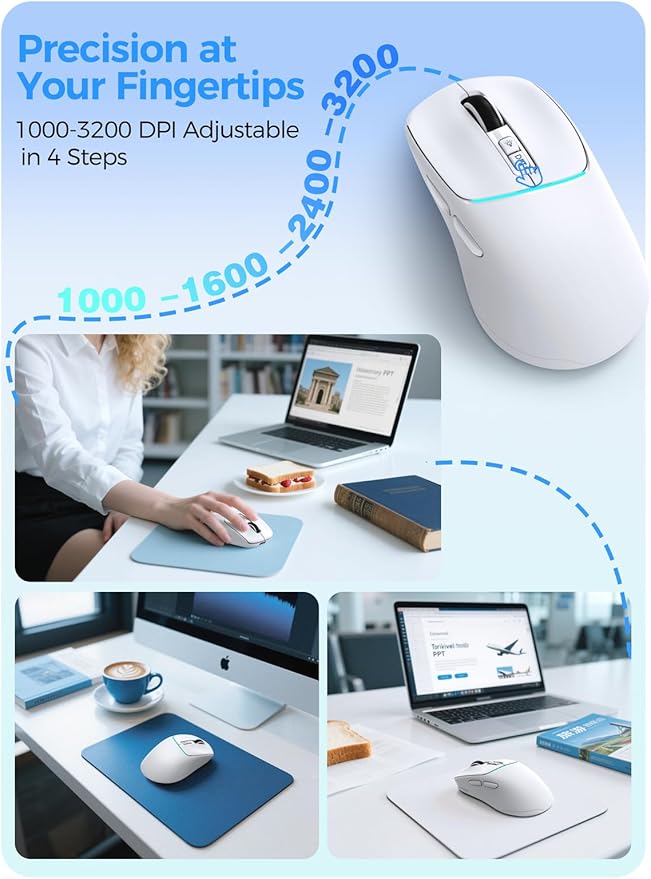 R108 Wireless Bluetooth Mouse – Dual Bluetooth ＆ 2.4GHz USB Receiver, 4 DPI Levels (1000–3200), USB-C Rechargeable, Ergonomic Right-Hand Grip, Silent Click, for Computer/Mac/Laptop - White