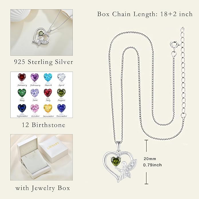 Guardian Angel Necklace 925 Sterling Silver Heart Angel Wings Pendant Birthstone Jewelry for Women