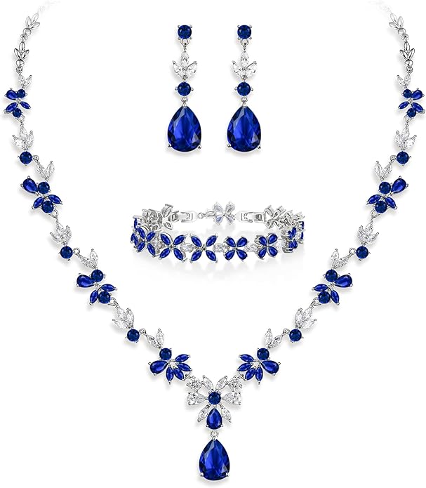 Crysdue Wedding Jewelry Set for Women, Floral Leaf Vine Teardrop Necklace Dangle Earrings Bracelet and Hair Comb, Cubic Zirconia Elegant Party Prom Jewellery for Bridal Bridesmaid