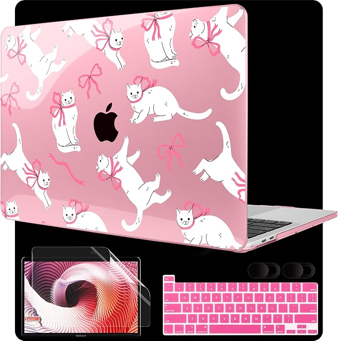MEEgoodo Case for MacBook Pro 13 inch Case 2022 2021 2020 New A2338 M2/M1 A2251 A2289, Laptop Hard Shell with Keyboard & Camera Cover Compatible with 13 inch MacBook Pro, Cute White Cats & Bows