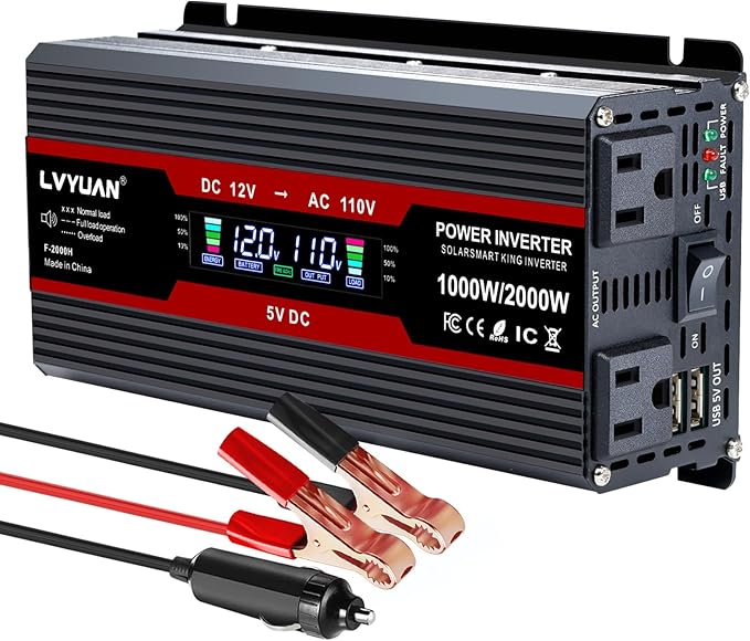 LVYUAN 1000W Car Power Inverter 12V to 110V DC to AC with 2 US Sockets, Cigarette Lighter, LCD Display, USB Ports for Car, Home,Outdoor, Camping