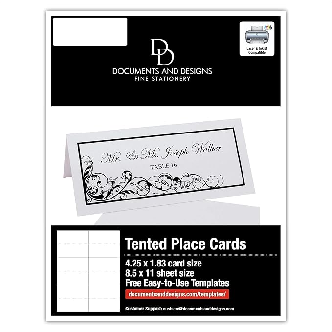 Scribble Vintage Swirl Printable Place Cards, Black (Choose Color), Set of 60 (10 Sheets), Laser & Inkjet Printers - Wedding, Party, Dinner, and Special Events - Made in the USA