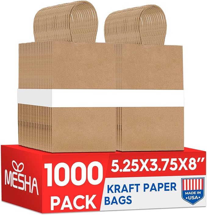 MESHA Kraft Paper Bags 5.25X3.75X8 Brown Small Gift Bags with Handles Bulk,1000 Pcs for Small Business,Birthday Wedding Party Favor,Paper Shopping