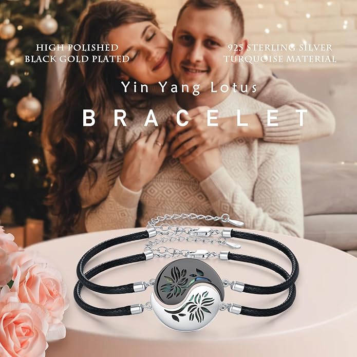 Yin Yang Bracelet 925 Sterling Silver Couple Friendship Bracelets Tree of Life/Sun Moon/Mountain/Lotus Abalone Jewelry for Women Men Couples, Leather Cord 7+2 in