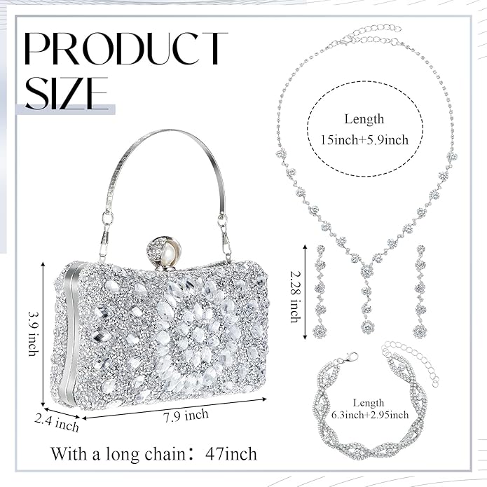 Quelay 4 Pcs Purse Rhinestone Jewelry Set Evening Clutch Bag Bling Crystal Necklace Dangle Earrings Bracelets Accessories