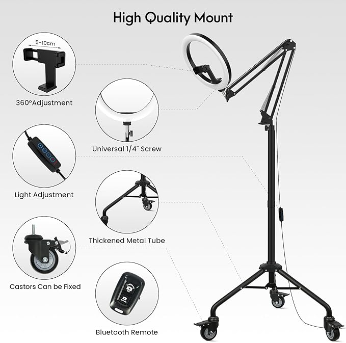 LUXSURE Ring Light Tripod for iPhone, Overhead Camera Mount with Casters,LED Ring Light with Stand and Phone Holder,Phone Tripod with Light for Video Recording/Live Streaming/Cooking
