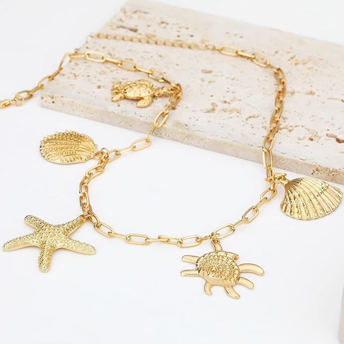 MISS RIGHT Dainty Gold Evil Eye Hamsa Hand Coin Lucky Charm Pendant Necklace for Women Trendy Vintage Paperclip Chain Sun Moon Clover Flower Chunky Charm Necklace Jewelry Gifts
