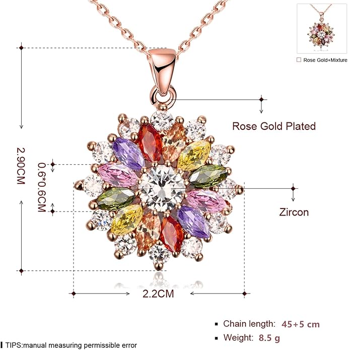VONSSY Colorful Snowflake Pendant Necklace Earrings Rose Gold 5A Cubic Zirconia | Crystal Sweater Chain | Multi Gemstone Garnet Amethyst Morganite Peridot Prom Rhinestone Necklaces for Women Vintage Stylish Gift