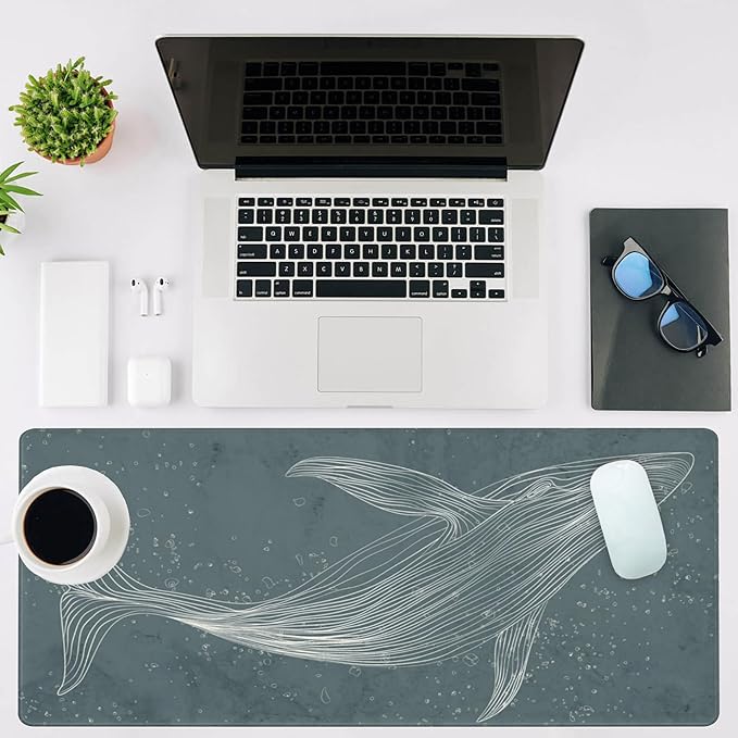 Mouse Pad Large Hand Drawn Whale Non-Slip Gaming Desk Mat with Stitched Edge Laptop Keyboard Desk Pad for Work Home Gaming (35.4 x 15.7 Inches)