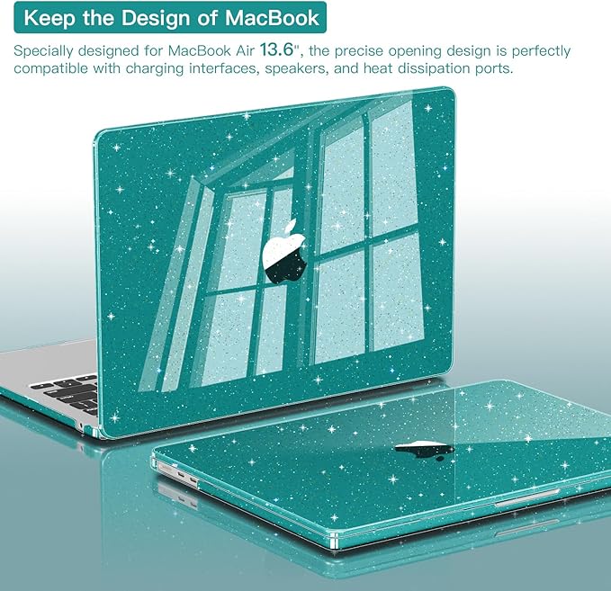 CISSOOK for MacBook Air 13 inch Case M4 M3 M2 2025 2024 2022, Plastic Hard Shell Case Glitter Bling Cover with Keyboard Cover for MacBook Air 13.6 A3240 A3113 A2681, Deep Teal Glitter