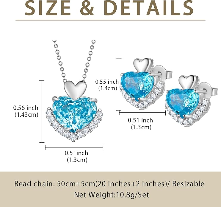 Love Heart Necklaces and Earrings with Rose Cut Birthstone Silver Plated Elegant Jewelry Set for Women CS0002