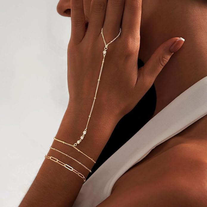 My Queen Gold Bracelets for Women 14K Gold Plated Dainty Stackable Hand Chain Bracelet Trendy Ring Chain Bangle Cuff Bracelets Adjustable Body Jewelry Set Gifts