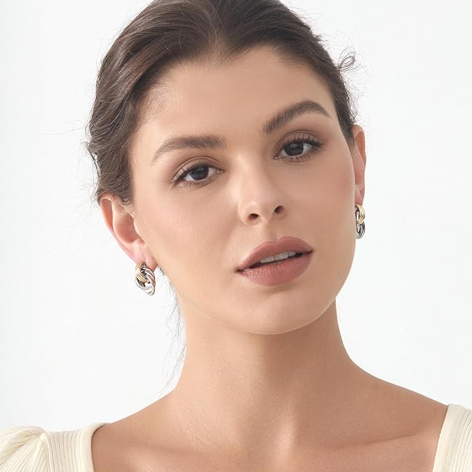 Knot Link Earrings, Chunky Circle Drop Dangle Studs Two Tones Mix-colred Earrings