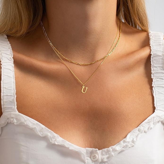 Initial Necklaces for Women Dainty Gold Silver Layered Letter Pendant Necklace Cute Figaro Chain Choker Necklace Personalized Trendy Stuff Jewelry Stack Gift for Women Her