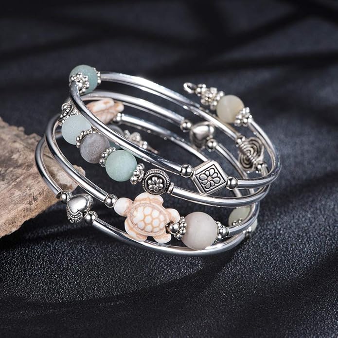 BULINLIN Layered Wrap Bangle Turquoise Bracelet - Bead Bracelet with Natural Agate Stone, Gifts For Women