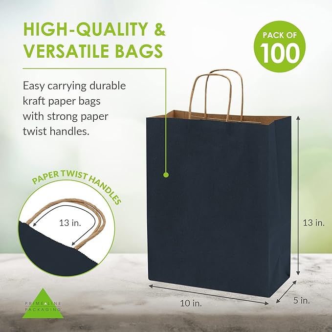 Prime Line Packaging Paper Gift Bags, Navy Blue Gift Bags with Handles, Medium Shopping Bags for Small Business, Retail, Boutiques, Graduation, Bulk, 10x5x13, 50 Pack