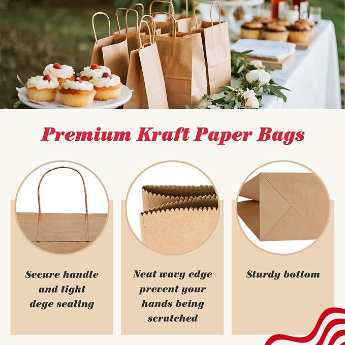 GSSUSA 100 Pack 8x4.25x10'' Paper Bags with Handles Bulk, Brown Paper Gift Bags for Small Business, Sturdy Retail Shopping, Birthday Wedding Party Favor, Craft, Kraft(Made in USA)