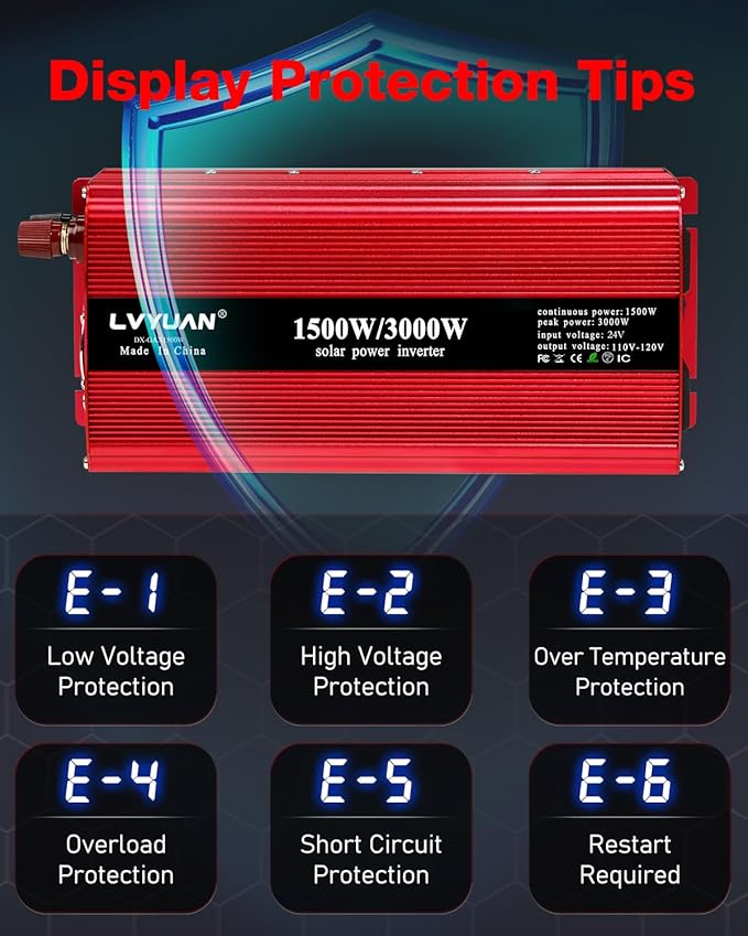 LVYUAN 1500W Car Power Inverter 24V to 110V DC to AC with 2 US Sockets, Cigarette Lighter, LED Display, USB Ports for Car, Home,Truck, Outdoor, Camping