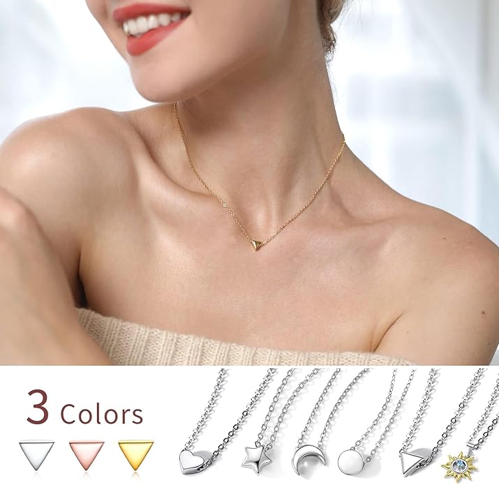 ChicSilver Personalized 925 Sterling Silver Dainty Small Heart/Star/Moon/Dot/Triangle Pendant Necklace for Women, Silver/Gold/Rose Gold/Black (with Gift Box)