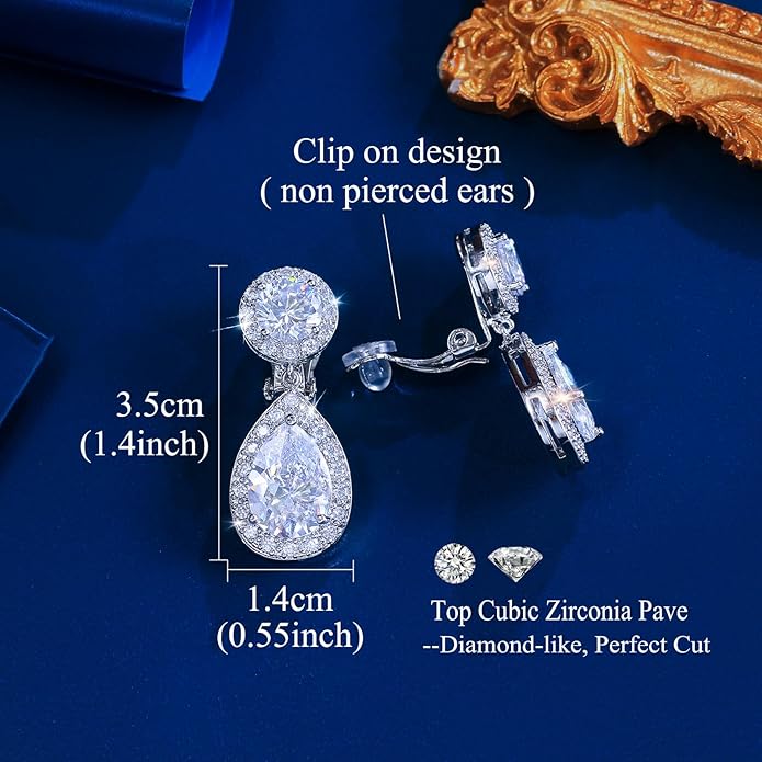 Elegant Cubic Zirconia Long Clip-On Earrings, Teardrop Crystal Dangle Design, Non-Pierced Ears, Wedding Bridal Party Jewelry