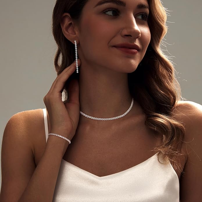 Tennis Necklace Bracelet for Women, Dainty Sterling Sliver Choker Necklace Crystal Link Bracelet Stud Earrings for Women Wedding Jewelry for Bride Jewelry Set Accessories