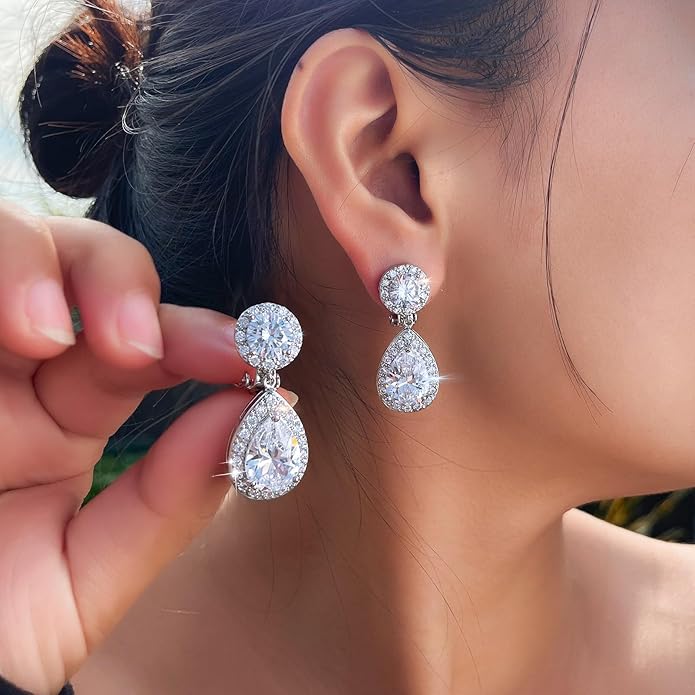 Elegant Cubic Zirconia Long Clip-On Earrings, Teardrop Crystal Dangle Design, Non-Pierced Ears, Wedding Bridal Party Jewelry
