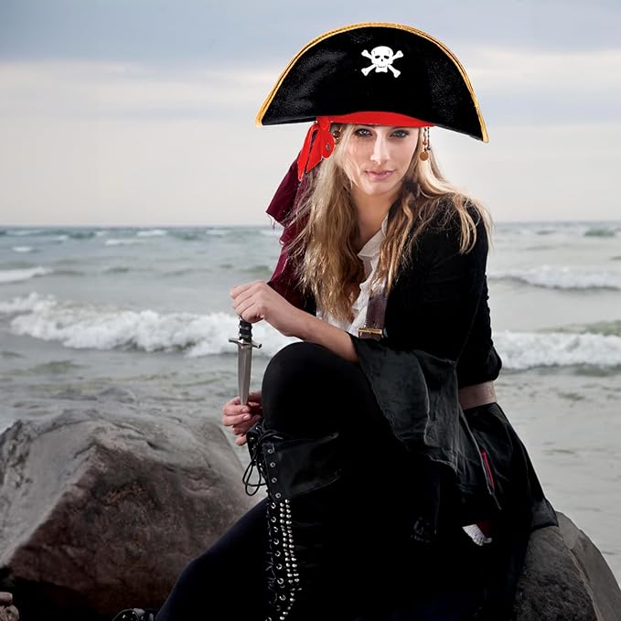 Tebery 6 Pcs Halloween Pirate Captain Hat, Skull Print Pirate Costume Party Hats, Classic Pirates Captain Cap, Pirate Theme Party Favors Supplies for Cosplay Party, Halloween