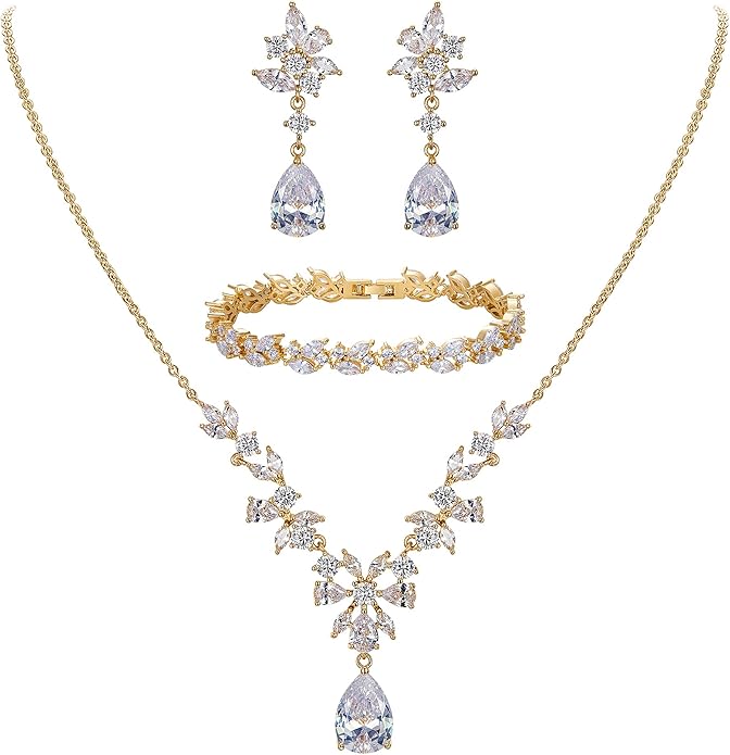 EleQueen Women's Wedding Bridal Jewelry Set for Brides Bridesmaids, Silver/14K Gold/Rose Gold Plated Cubic Zirconia Teardrop Necklace Dangle Earrings Bracelet Sets for Party Prom