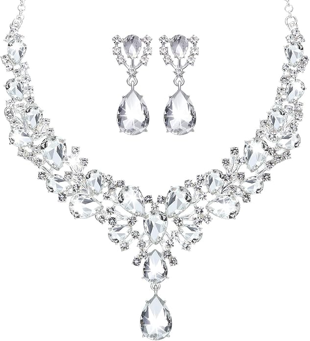 Hicarer Bridal Teardrop Cluster Crystal Jewelry Set for Women Necklace Earrings Wedding