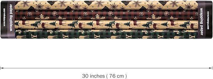 RUSPEPA Christmas Wrapping Paper, Kraft Paper - Red and Green Plaids Style Designs - 4 Rolls - 30 inches x 10 feet per Roll